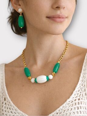 Vintage Avon Gold Tone Convertible Pierced Earrings & Green Beaded Necklace Set